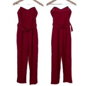 Red Strapless Jumpsuit with Belt‎ and Pockets